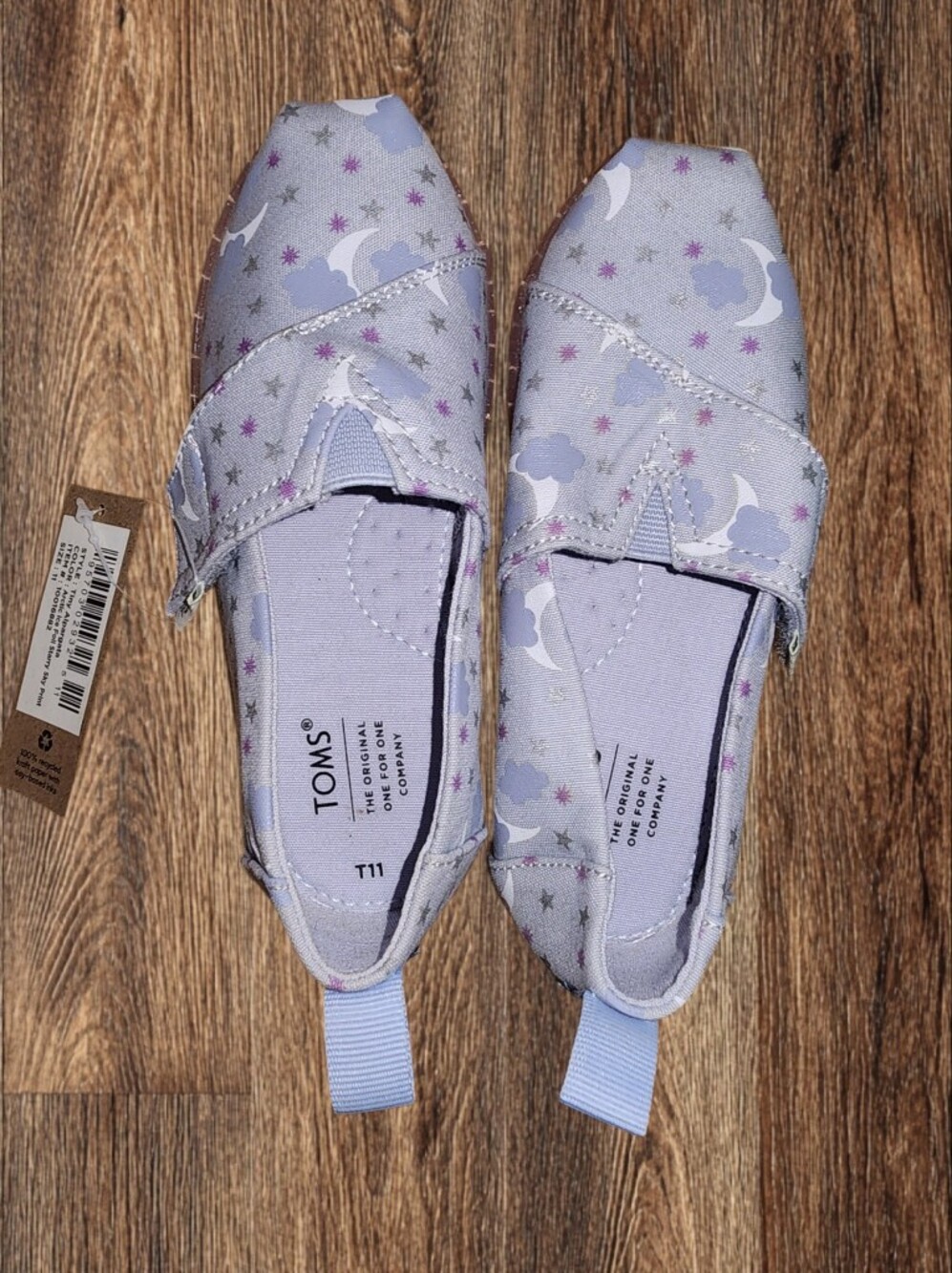 TOMS Kids Slip-On Shoes in Light Lavender with Star & Cloud Print Size Kid 11